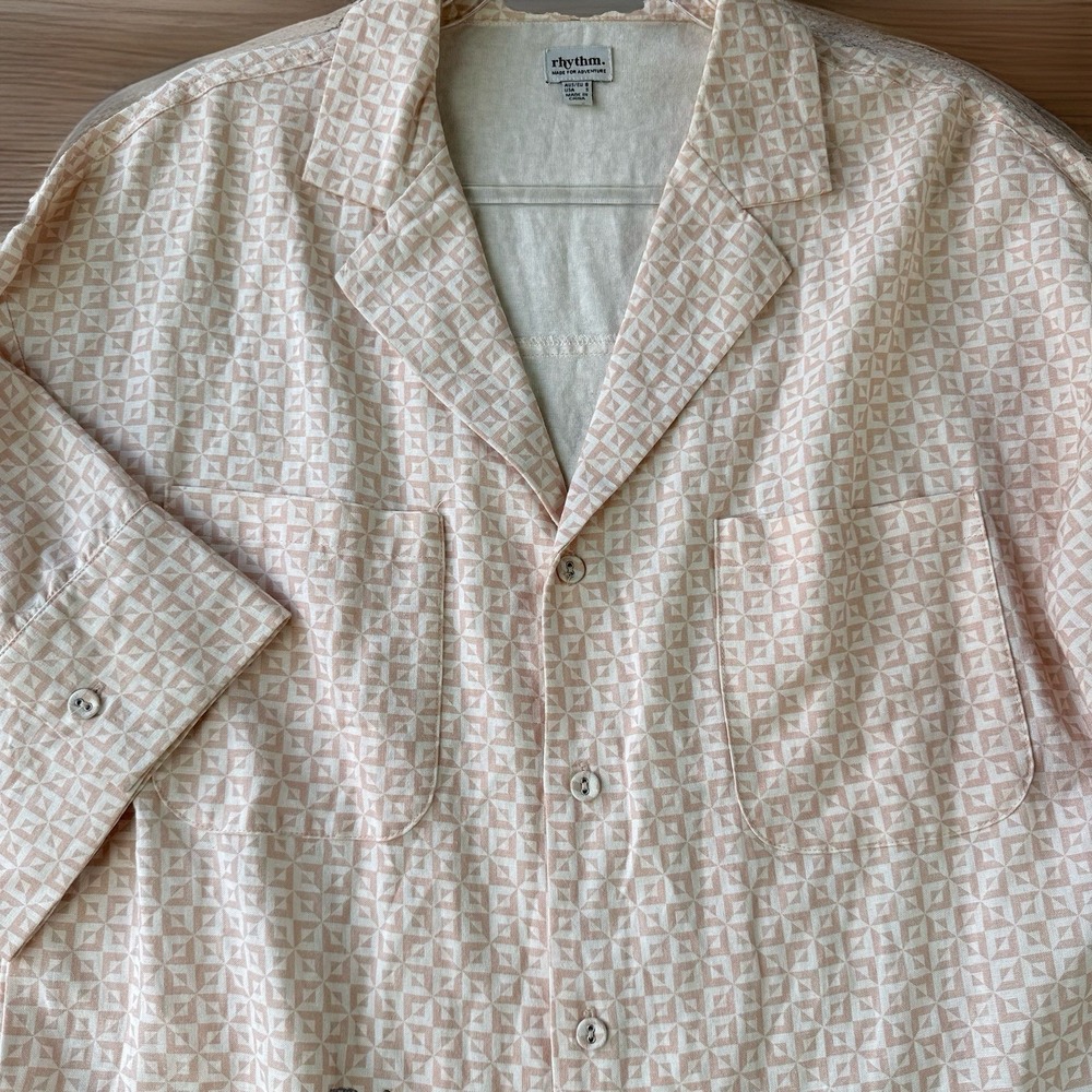 Rhythm Solis Embroidered Button Up Shirt Men's‎ S Pink Geometric Camp Collar $90
